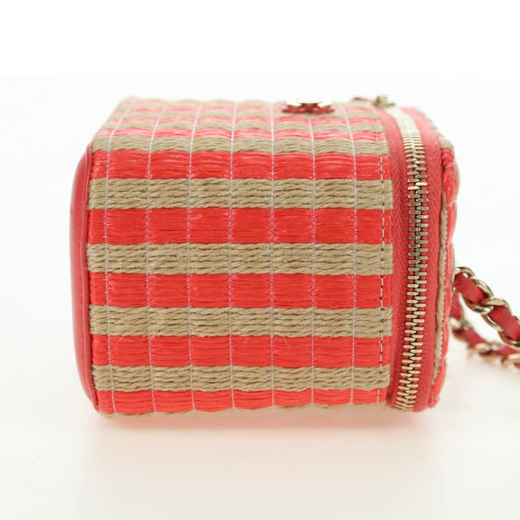 CHANEL Chain Vanity Shoulder Bag Raffia Red Gold CC Auth 178044SM