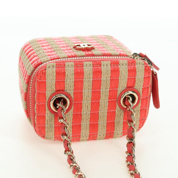 CHANEL Chain Vanity Shoulder Bag Raffia Red Gold CC Auth 178044SM