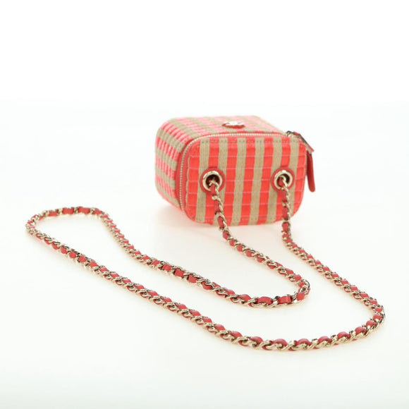 CHANEL Chain Vanity Shoulder Bag Raffia Red Gold CC Auth 178044SM