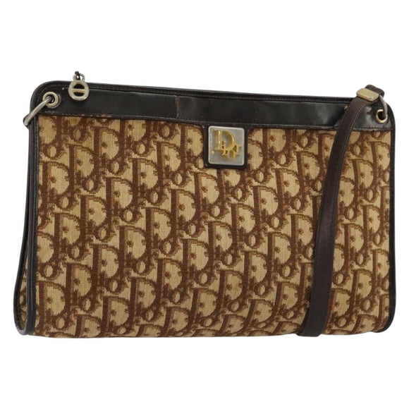 Christian Dior Trotter Canvas Shoulder Bag Beige Gold Auth 178063