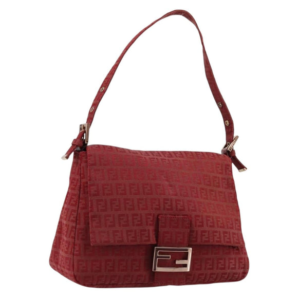 FENDI Zucchino Canvas Mamma Baguette Shoulder Bag Red Gold Auth 178066V