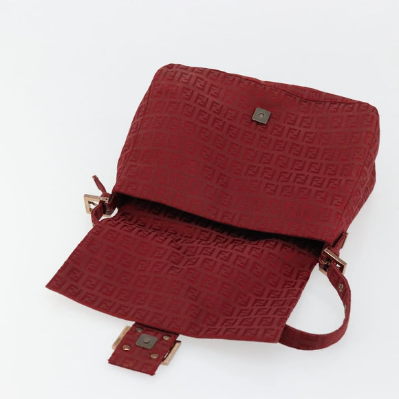 FENDI Zucchino Canvas Mamma Baguette Shoulder Bag Red Gold Auth 178066V