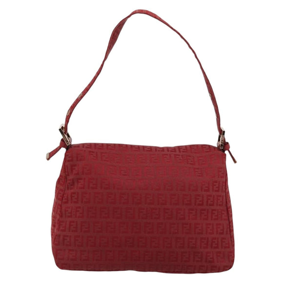 FENDI Zucchino Canvas Mamma Baguette Shoulder Bag Red Gold Auth 178066V