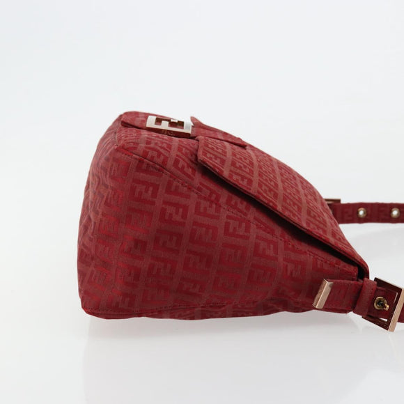 FENDI Zucchino Canvas Mamma Baguette Shoulder Bag Red Gold Auth 178066V