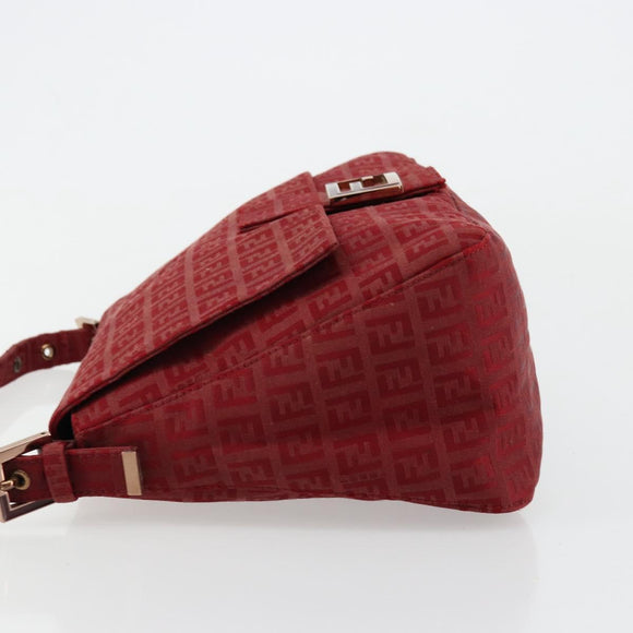 FENDI Zucchino Canvas Mamma Baguette Shoulder Bag Red Gold Auth 178066V