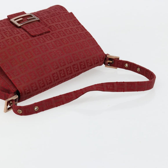 FENDI Zucchino Canvas Mamma Baguette Shoulder Bag Red Gold Auth 178066V