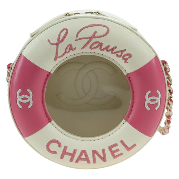 CHANEL Matelasse Cruise Line Chain Bag Leather White Gold CC Auth 178074SM