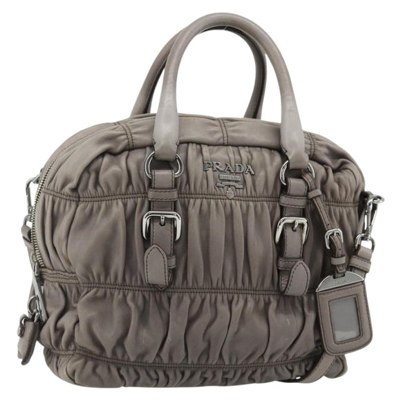 PRADA Handtas met Plissé Leer 2-weg Grijs Zilver Auth 178080A