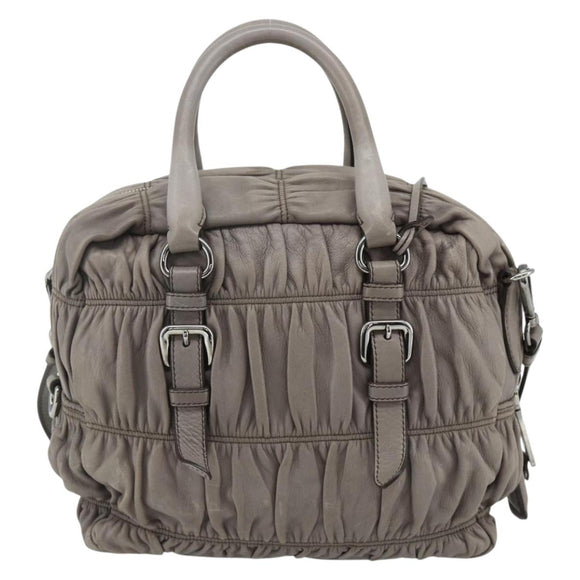 PRADA Handtas met Plissé Leer 2-weg Grijs Zilver Auth 178080A