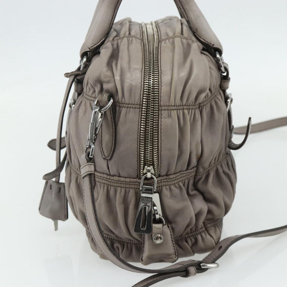 PRADA Handtas met Plissé Leer 2-weg Grijs Zilver Auth 178080A