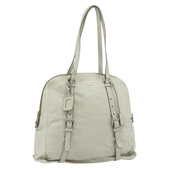 PRADA Tote Bag Leather Ivory Silver Auth 178082A