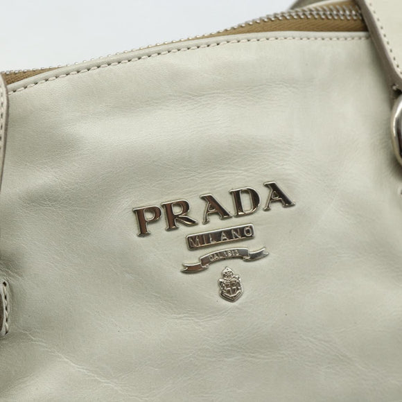 PRADA Tote Bag Leather Ivory Silver Auth 178082A