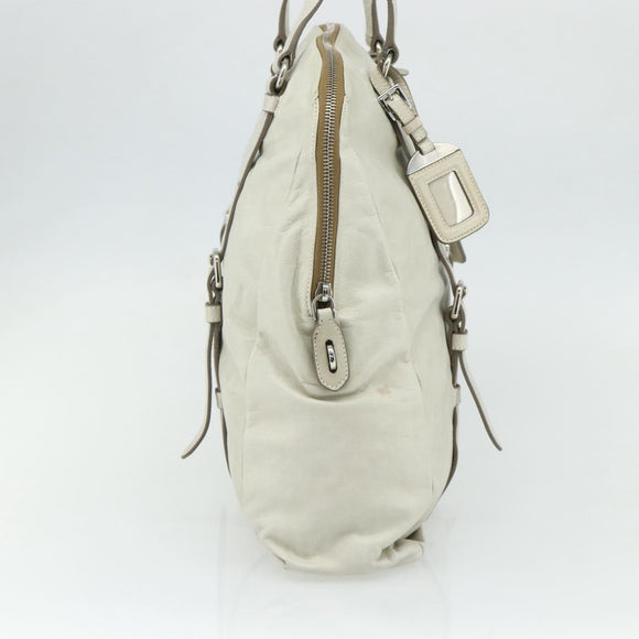 PRADA Tote Bag Leather Ivory Silver Auth 178082A