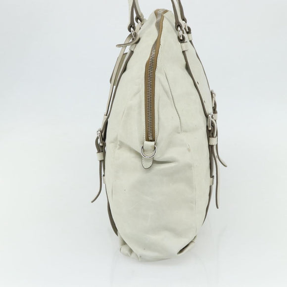 PRADA Tote Bag Leather Ivory Silver Auth 178082A