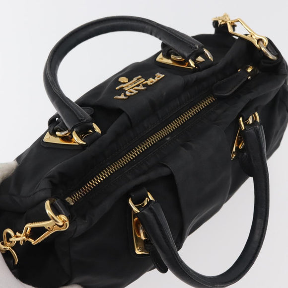 PRADA Handtas Nylon 2-weg Zwart Goud Auth 178100