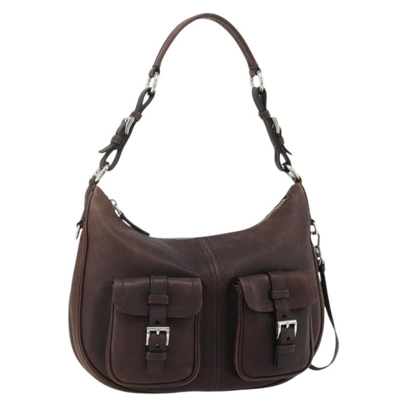 PRADA Shoulder Bag Leather Brown Silver Auth 178118A