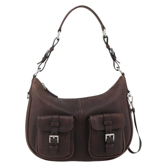 PRADA Shoulder Bag Leather Brown Silver Auth 178118A