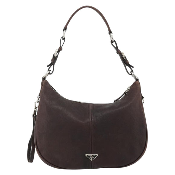 PRADA Shoulder Bag Leather Brown Silver Auth 178118A