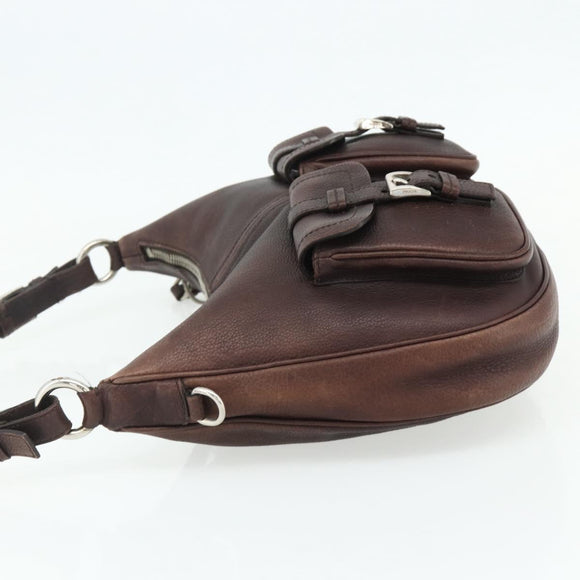PRADA Shoulder Bag Leather Brown Silver Auth 178118A