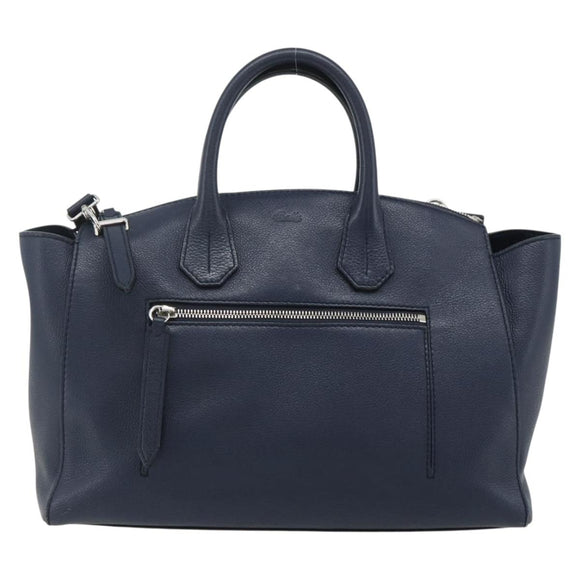 BALLY Hand Bag Leather 2way Navy Silver Auth 178127