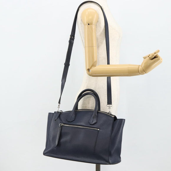 BALLY Hand Bag Leather 2way Navy Silver Auth 178127