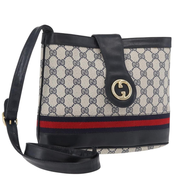 GUCCI GG Supreme Sherry Line Shoulder Bag PVC Navy Gold Auth 178128