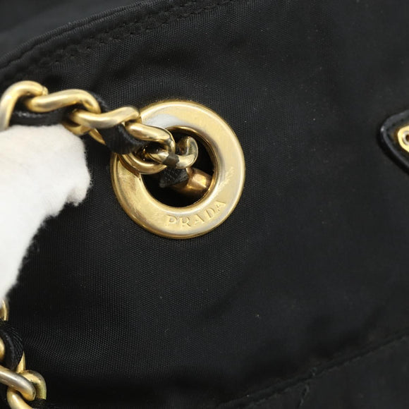 PRADA Ketting Tote Tas Nylon Zwart Goud Auth 178129
