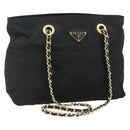 PRADA Ketting Tote Tas Nylon Zwart Goud Auth 178129-1