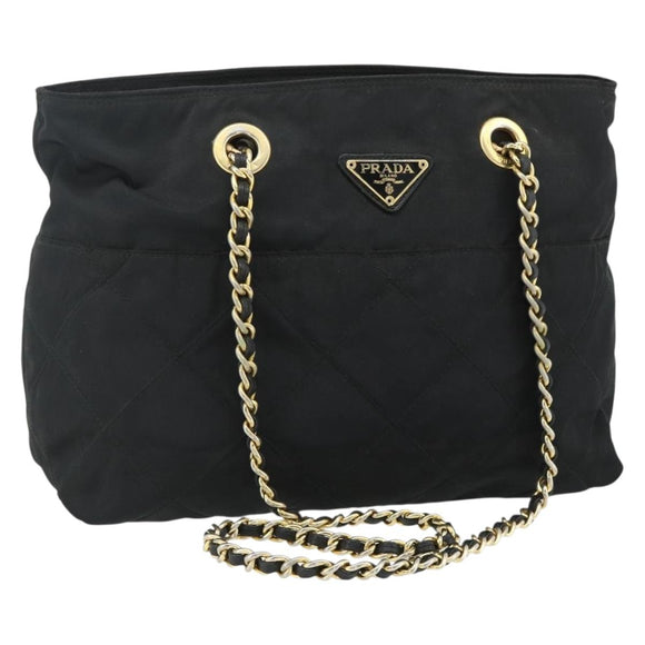PRADA Ketting Tote Tas Nylon Zwart Goud Auth 178129