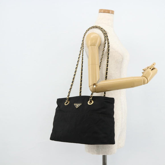 PRADA Ketting Tote Tas Nylon Zwart Goud Auth 178129
