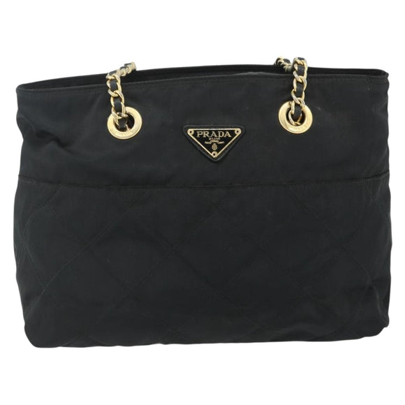 PRADA Ketting Tote Tas Nylon Zwart Goud Auth 178129