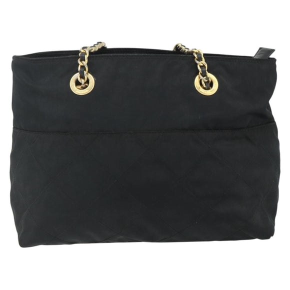 PRADA Ketting Tote Tas Nylon Zwart Goud Auth 178129