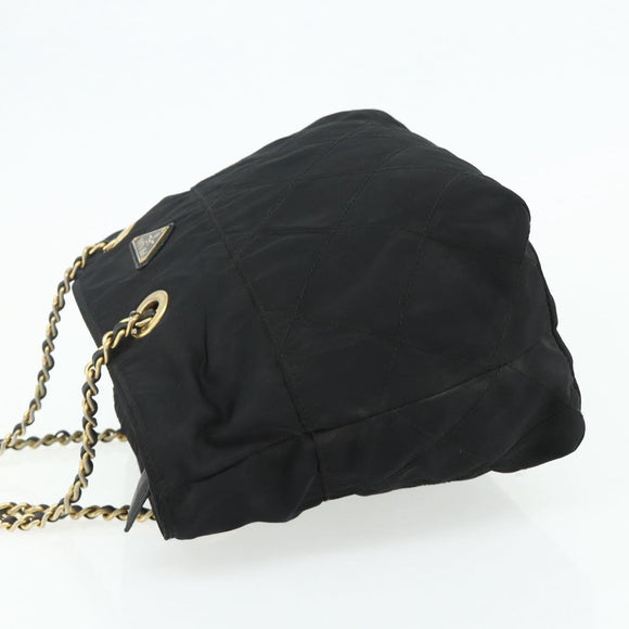 PRADA Ketting Tote Tas Nylon Zwart Goud Auth 178129