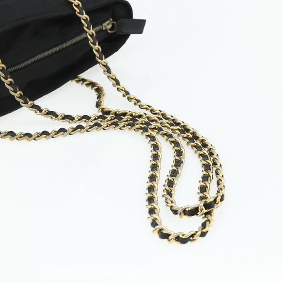 PRADA Ketting Tote Tas Nylon Zwart Goud Auth 178129