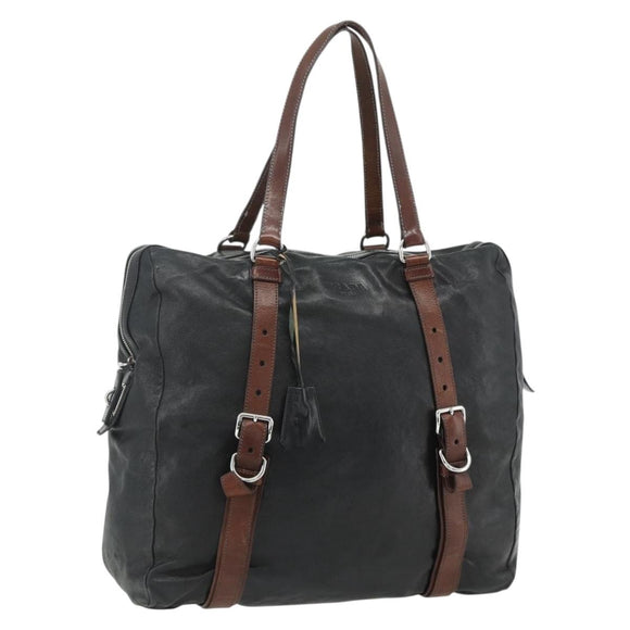 PRADA Tote Bag Leather Black Silver Auth 178161