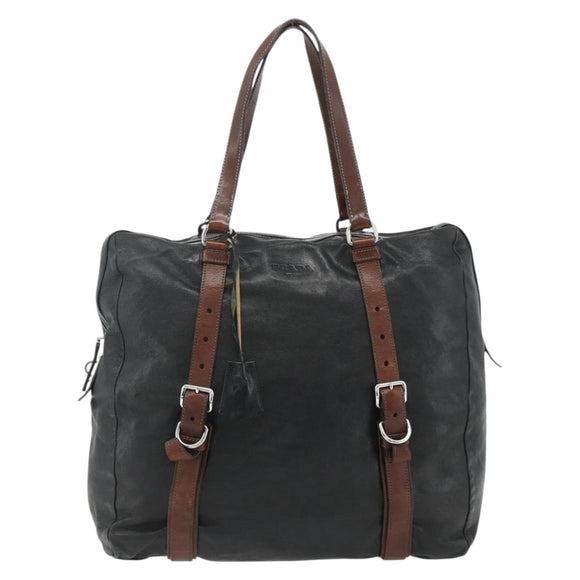 PRADA Tote Bag Leather Black Silver Auth 178161