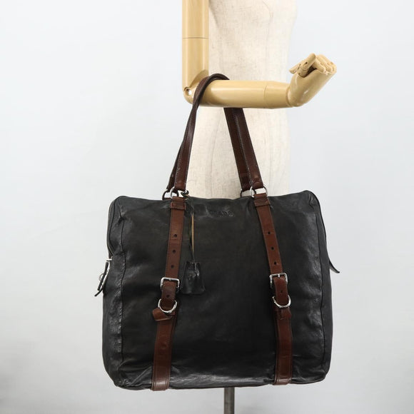 PRADA Tote Bag Leather Black Silver Auth 178161