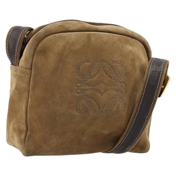 LOEWE Anagram Shoulder Bag Suede Gold Beige Auth 178167
