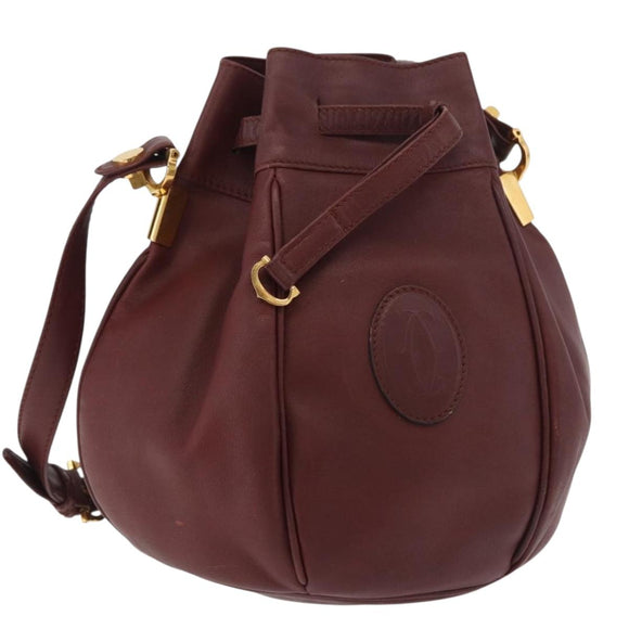 CARTIER Must Line Purse Shoulder Bag Leather Bordeaux Gold Auth 178187