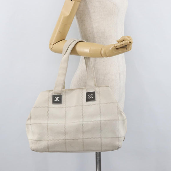 CHANEL Choco Bar Handtas Leer Wit Zilveren CC Auth 178206