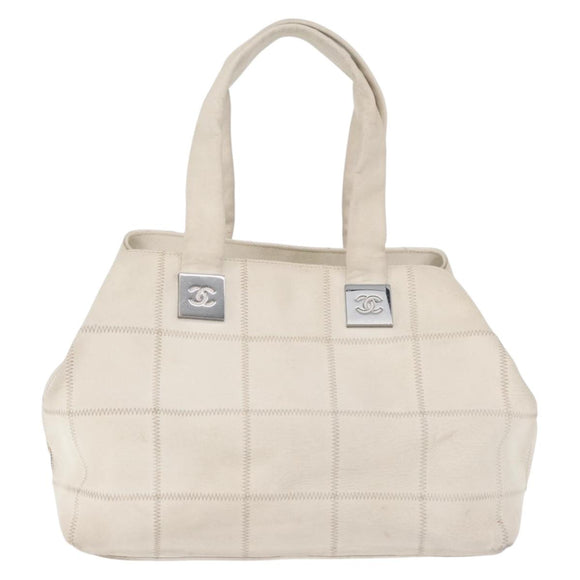 CHANEL Choco Bar Handtas Leer Wit Zilveren CC Auth 178206