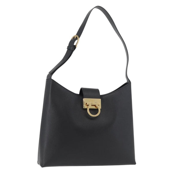 Salvatore Ferragamo Gancini Shoulder Bag Leather Black Gold Auth 178211A