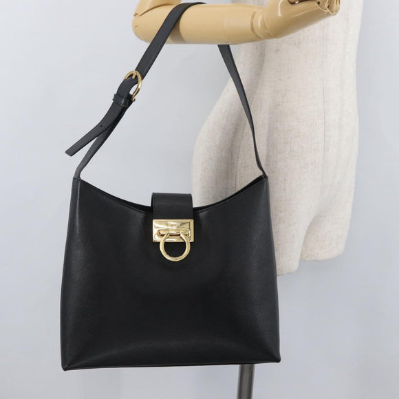 Salvatore Ferragamo Gancini Shoulder Bag Leather Black Gold Auth 178211A