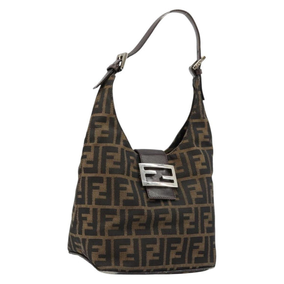 FENDI Zucca Canvas Mamma Baguette Shoulder Bag Black Brown Auth 178214