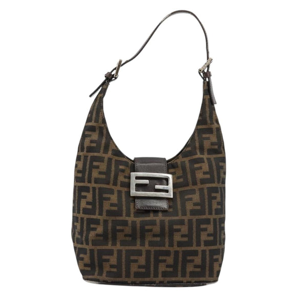 FENDI Zucca Canvas Mamma Baguette Shoulder Bag Black Brown Auth 178214