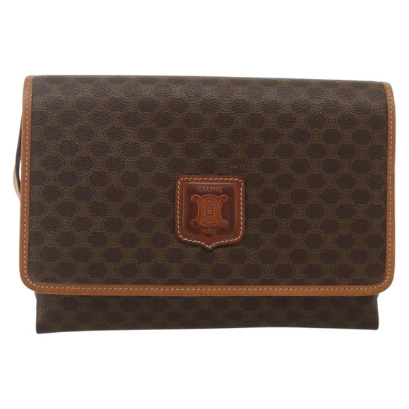 CELINE Macadam Canvas Shoulder Bag PVC Leather Brown Gold Auth 178220A