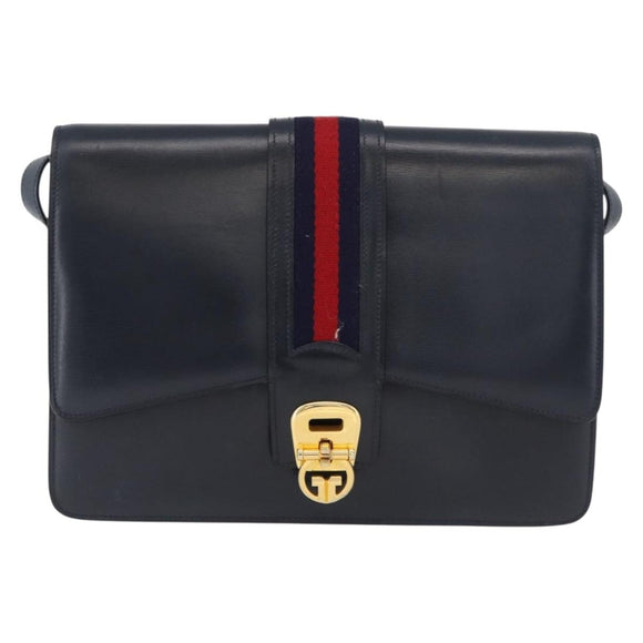 GUCCI Sherry Line Shoulder Bag Leather Navy Gold Auth 178242