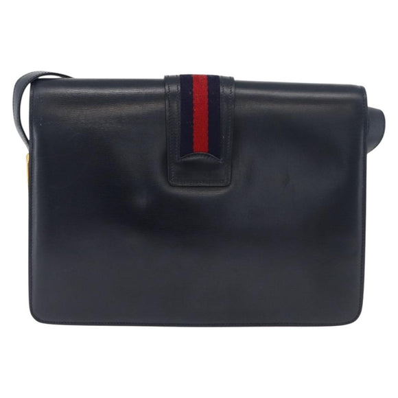 GUCCI Sherry Line Shoulder Bag Leather Navy Gold Auth 178242