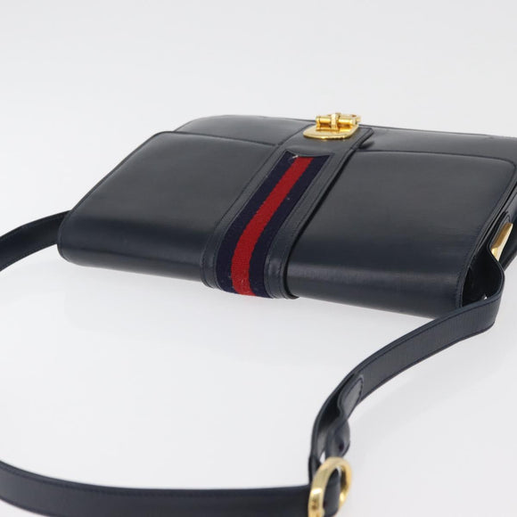 GUCCI Sherry Line Shoulder Bag Leather Navy Gold Auth 178242