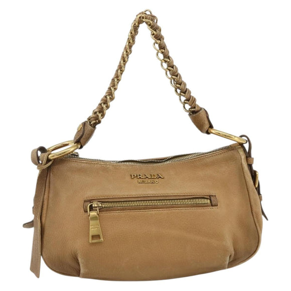 PRADA Chain Shoulder Bag Leather Beige Gold Auth 178257